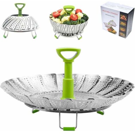 Panier Vapeur Inox, 9'' Cuit Vapeur Inoxydable pour Autocuiseur avec Manche Télescopique, Panier pour Cuire à la Vapeur, Fleur Marguerite Cuisson Vapeur, Pliable Vegetable Steamer Accessoire