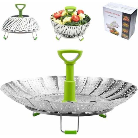 Panier Vapeur Inox, 9'' Cuit Vapeur Inoxydable pour Autocuiseur avec Manche Télescopique, Panier pour Cuire à la Vapeur, Fleur Marguerite Cuisson Vapeur, Pliable Vegetable Steamer Accessoire