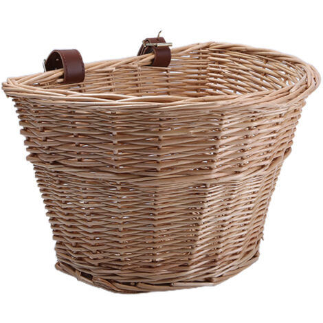 Panier vintage en osier, panier à légumes portable en forme de D pour VTT, panier avant avec sangles en cuir