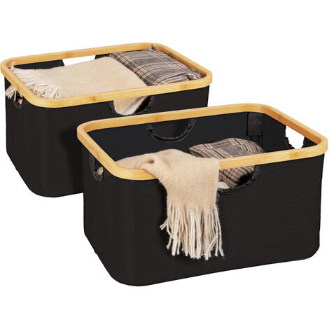Panier WENKO Ecori noir 2er Set bambou pliable 40 x 21 cm panier de rangement pliable panier en bambou panier de rangement noir panier en polyester recyclé corbeille de rangement FSC 28 litres