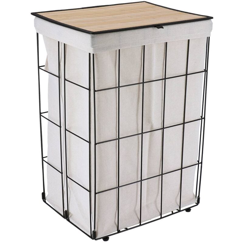 Paniere a linge metal pliable couvercle en bambou - noir tissu naturel - Tendance