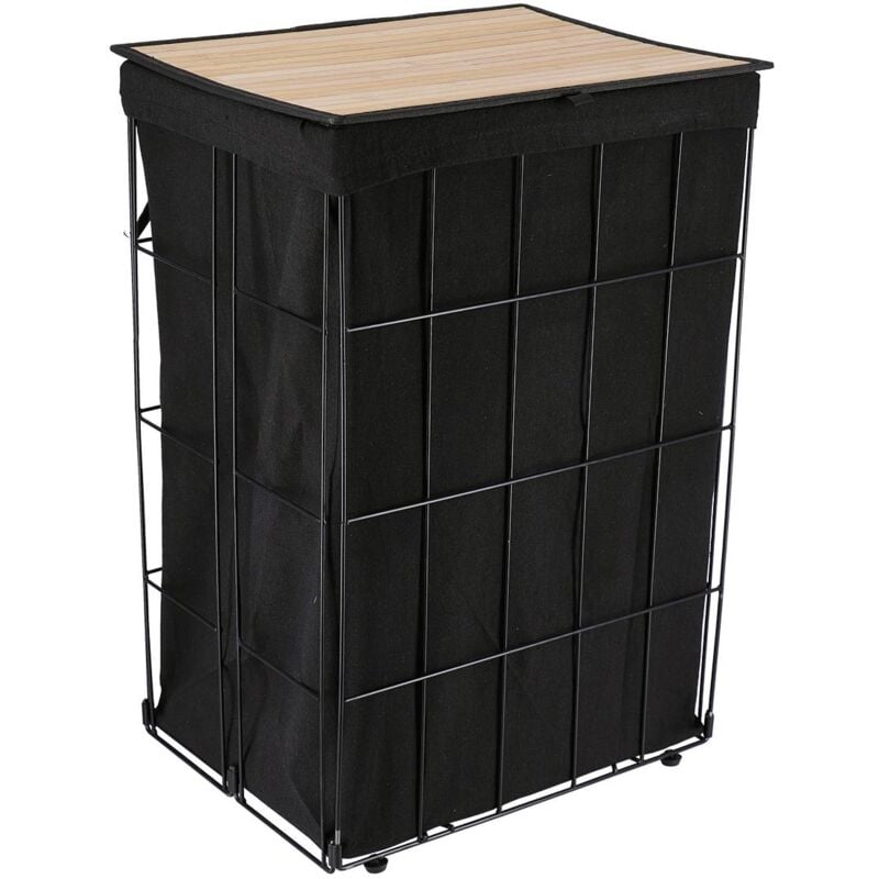 Tendance - Paniere a linge metal pliable couvercle en bambou - noir tissu noir