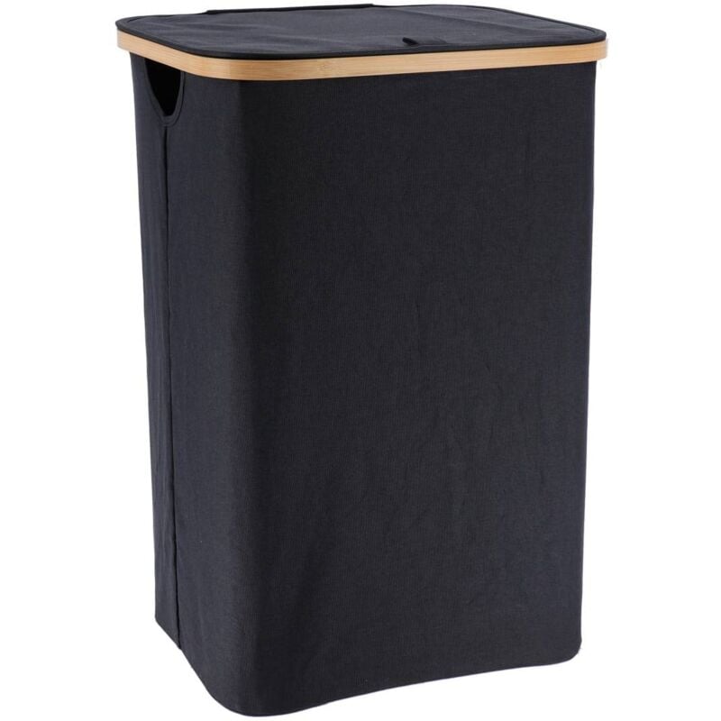 Paniere a linge rectangulaire pliable avec couvercle polyester et cerclage bambou - noir bambou Tendance
