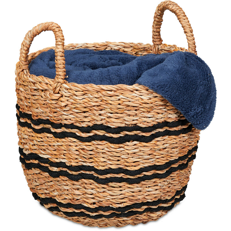 Panière de rangement, zostère, HxD: 25x30 cm, bac à poignées, salle de bain, chambre & salon, nature - noir - Relaxdays