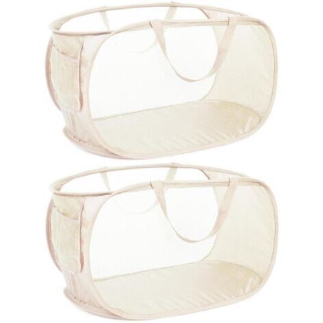 Paniers à linge pliables et durables, en maille avec poche latérale, avec poignées de transport renforcées pour le linge, la salle de bain, le dortoir ou les voyages, lot de 2, beige