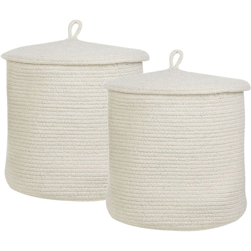 Paniers en Coton Blanc Crème Ronds 33 cm Corbeille à Linge Tressée Lot de 2 Silopi
