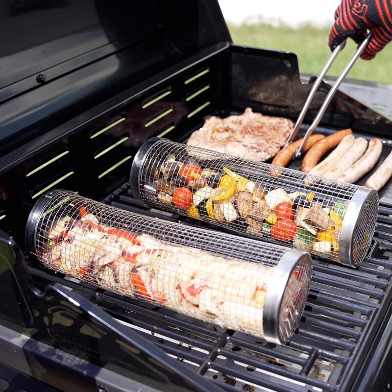 Paniers cylindriques de cuisson pour barbecue Durandal Selection-Grillades à 360°-Lot de 2 grilles 30cm en acier inoxydable