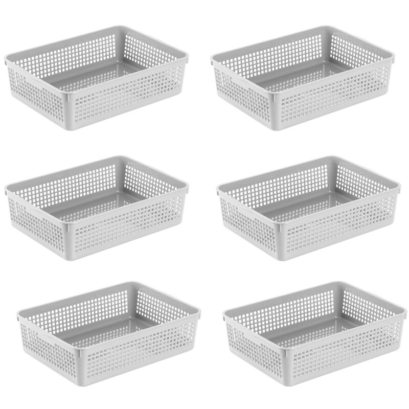 Paniers de rangement en plastique/panier d'organisation, 34 x 25 x 9,2 cm, lot de 6 (blanc, noir, gris)