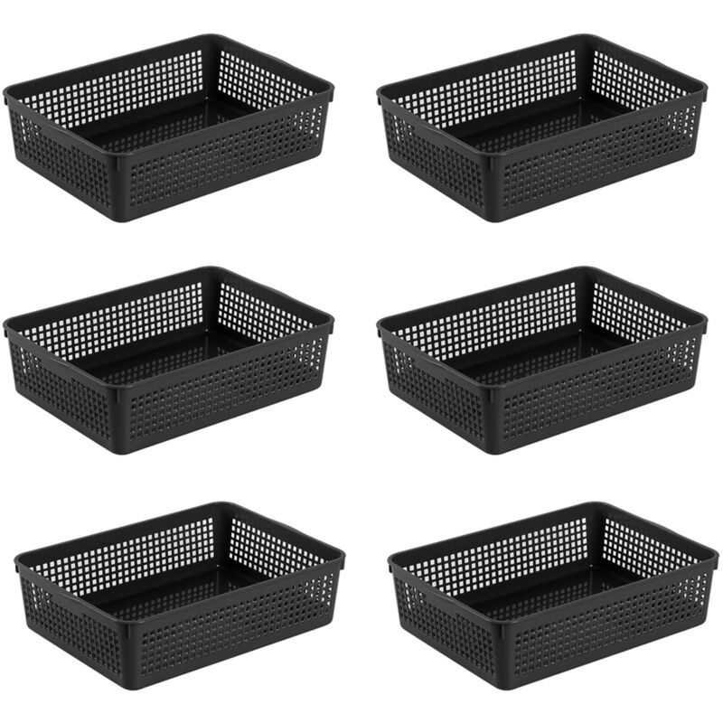 Paniers de rangement en plastique/panier d'organisation 34 x 25 x 9,2 cm Lot de 6 (Blanc, Noir, Gris) (Noir)