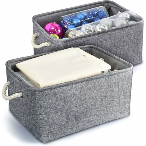 Paniers de Rangement Pliable en Tissu de Lin Coton avec Poignées Tissées, Boîte de Rangement pour Bureau Maison Jouets Organisateur 2 Pièces (Gris, M: 36x26x16cm)--