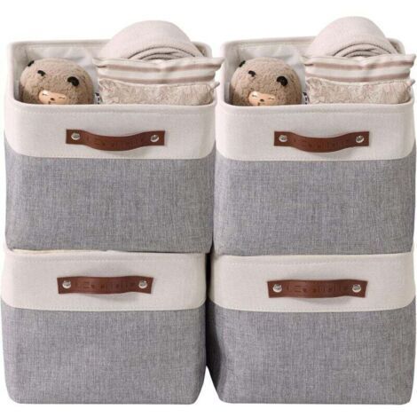 paniers de rangement pliables en tissu cationique robuste et pliable avec poignées pour étagère pour chambre d'enfant ou penderie (Gris et blanc, Large - 4 Pack)