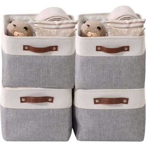 paniers de rangement pliables en tissu cationique robuste et pliable avec poignées pour étagère pour chambre d'enfant ou penderie (Gris et blanc, Large - 4 Pack)
