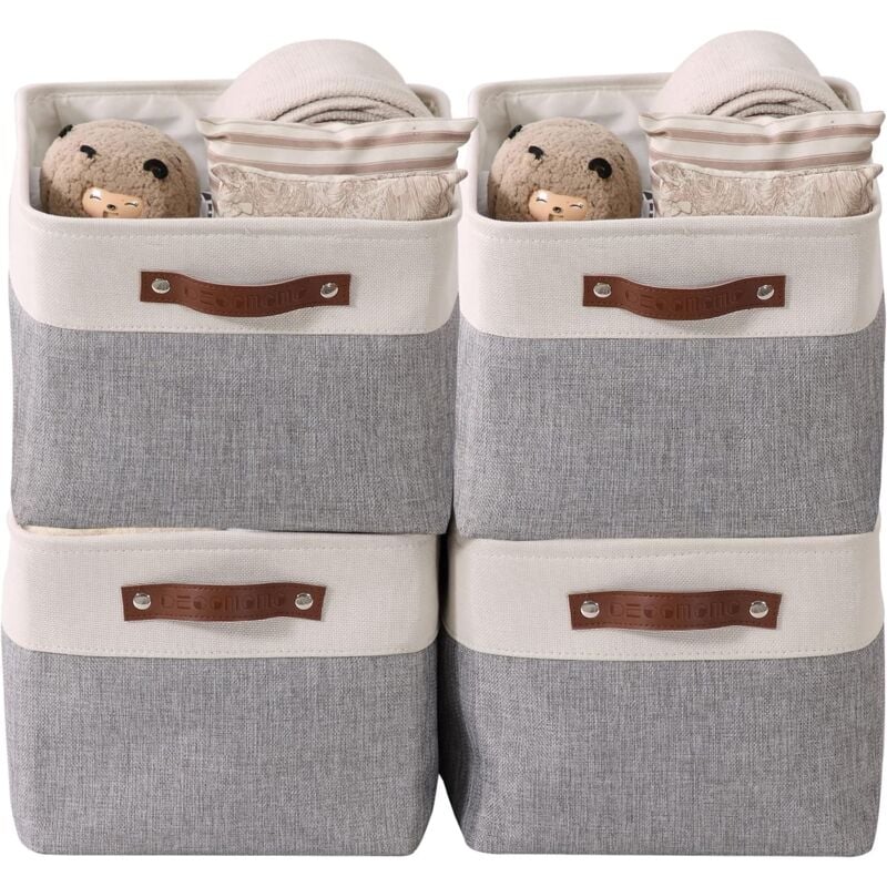 Paniers de rangement pliables en tissu cationique robuste et pliable avec poignées pour étagère pour chambre d'enfant ou penderie (Gris et blanc,