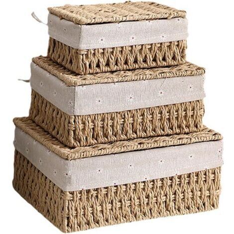 Paniers de Rangement Tissés Main - Lot de 3 (Avec Couvercle) - Corde de Papier Résistant et Doublure Antidérapante - Design Bohème pour Chambre, Salle de Bain, Rangement Jouets (Beige)