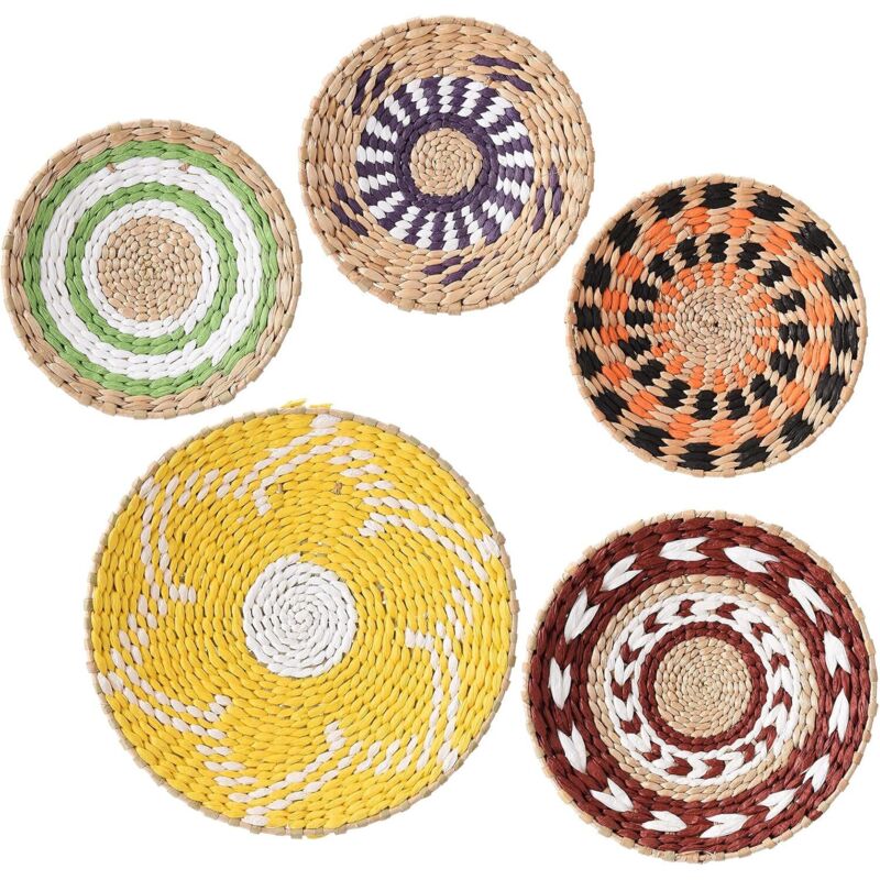 Paniers muraux tissés bohème lot de 5, rotin naturel fait main, décoration suspendue pour salon ou chambre