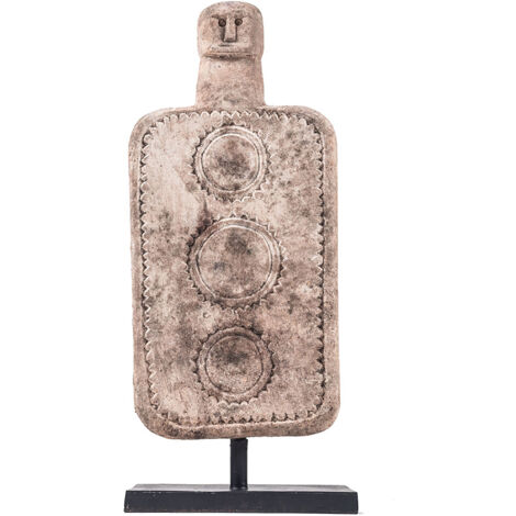 PANJI BIG - Statuette en Pierre Calcaire Naturelle avec Motifs Cercles - Sculpture Ethnique - Dimensions 48cm - Finition Artisanale sur Pied Métal Noir - Décoration Intérieure