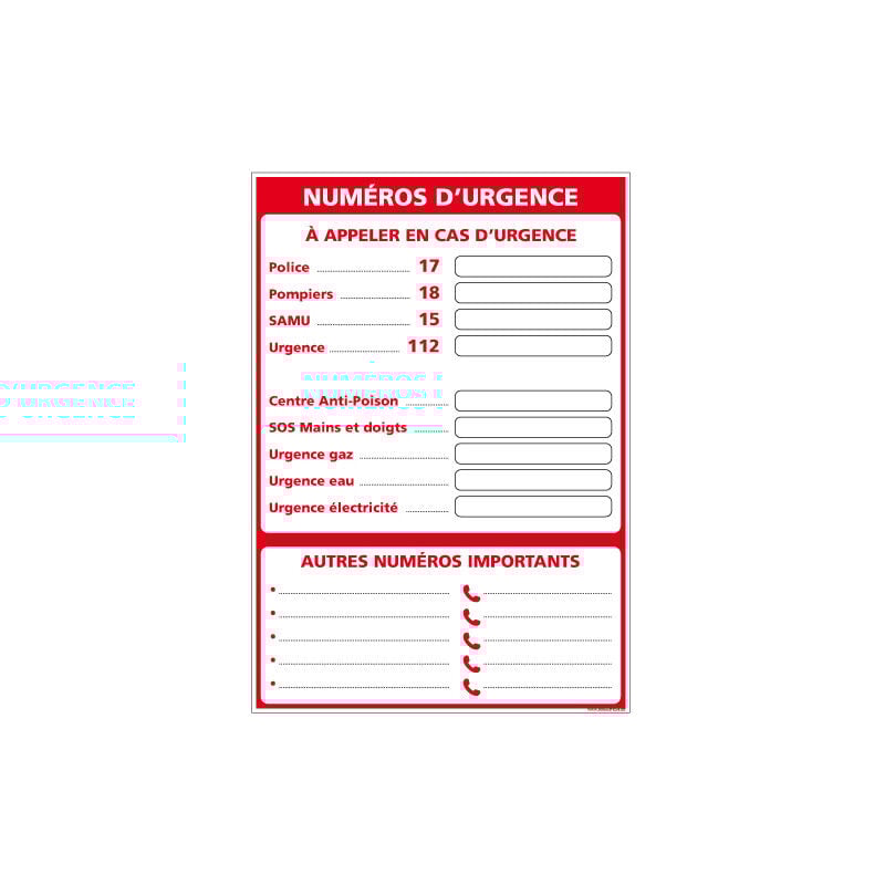 Signaletique.biz France - panneau affichage numeros d'urgence (A0631) - Adhésif - 450 x 630 mm