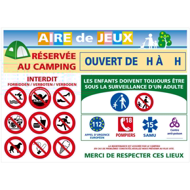 Panneau Aire de jeux, réservé au camping- Aluminium 2 mm - 1200 x 840 mm