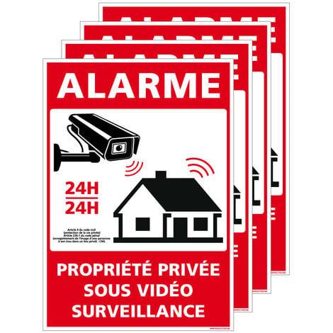 Panneau Alarme - Propriété Privée sous Vidéo Surveillance 24h/24 avec Loi. G1651. Sticker alarme, panneaux PVC, alu
