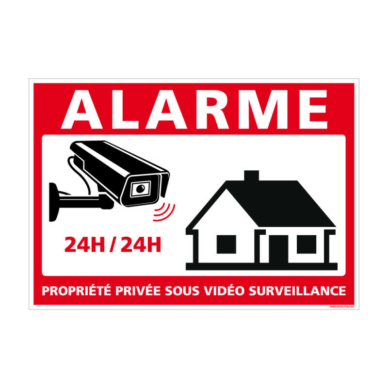Panneau Alarme Propriété Privée sous Vidéo Surveillance 24h/24. G1650. Sticker, panneaux pvc ou Alu. Caméra Surveillance - Adhésif - 630 x 450 mm