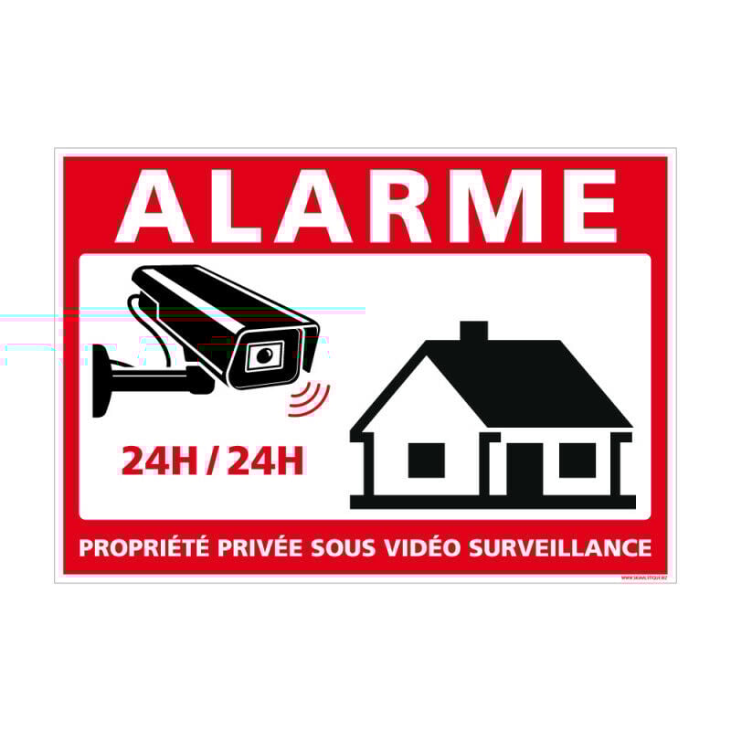 Panneau Alarme Propriété Privée sous Vidéo Surveillance 24h/24. G1650. Sticker, panneaux pvc ou Alu. Caméra Surveillance - Aluminium 2 mm - 630 x 450