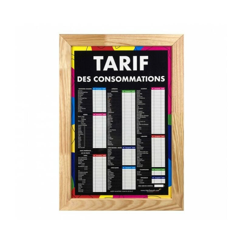 Panneau avec ardoise TARIF DES CONSOMMATIONS moderne dimensions 61 x 41 cm