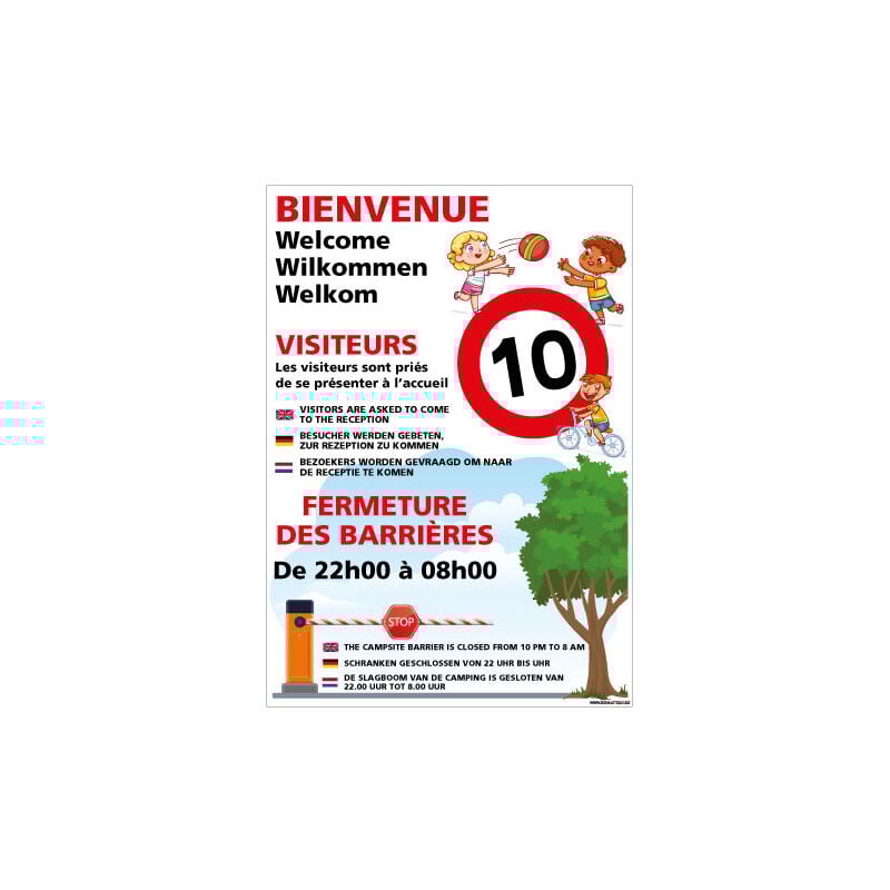 Panneau bienvenue au camping personnalisable avec ouverture des barrieres (H0504-PERSO) - Aluminium 2 mm - 450 x 630 mm