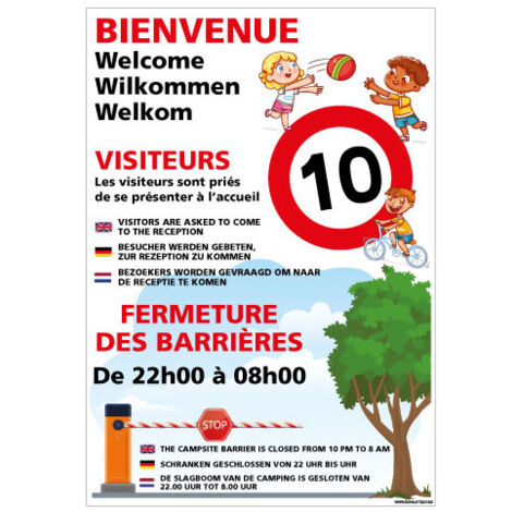 PANNEAU BIENVENUE AU CAMPING PERSONNALISABLE AVEC OUVERTURE DES BARRIERES (H0504-PERSO) - Plastique PVC 1,5 mm - 150 x 210 mm