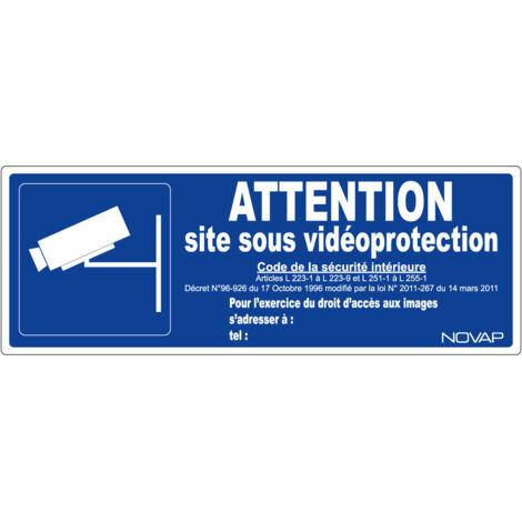 Panneau bleu Attention site sous vidéoprotection avec pictogramme - Rigide 330x120mm - 4141114