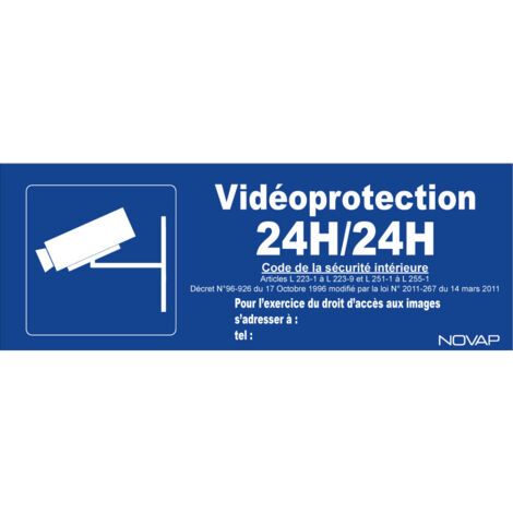 Panneau bleu Vidéoprotection 24h/24h avec pictogramme - Rigide 330x120mm - 4141121