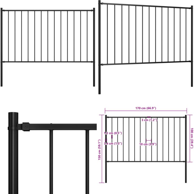 Vidaxl - Panneau clôture et poteaux acier enduit de poudre 1,7x1 m noir - Clôture Jardin - Panneaux De Clôture - Clôture Acier - Clôture Résistante