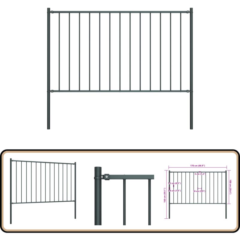 Vidaxl - Panneau clôture et poteaux acier enduit de poudre anthracite - Clôture Jardin - Panneaux De Clôture - Clôture D'extérieur - Clôture En Métal