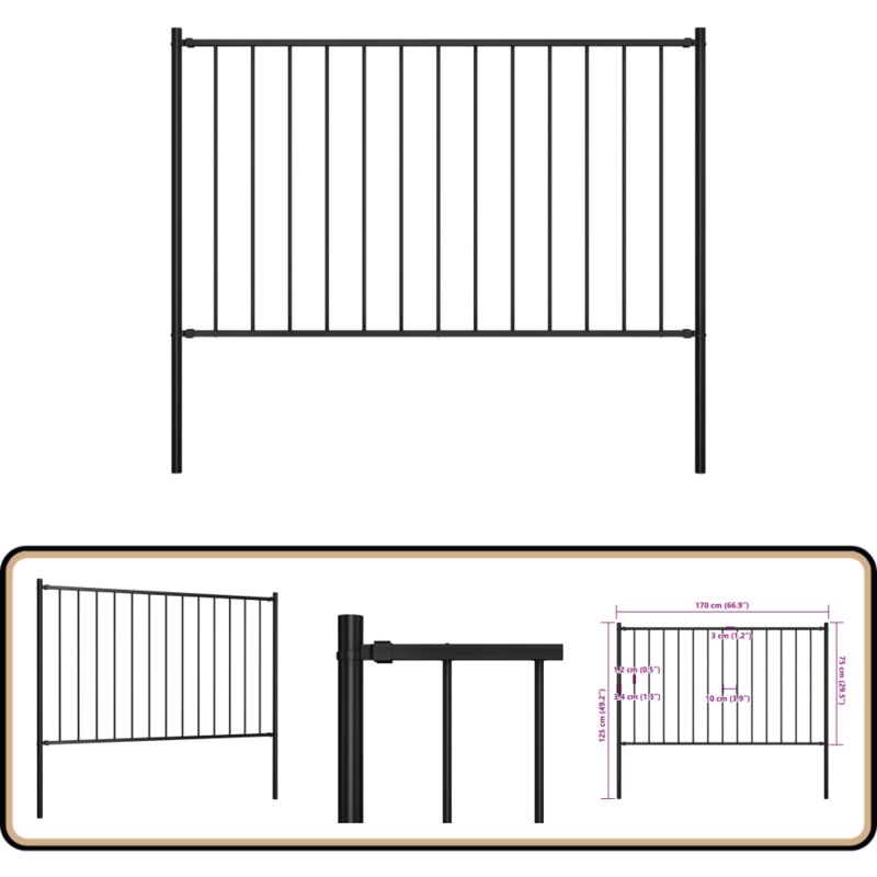 Panneau clôture et poteaux Acier enduit poudre 1,7x0,75 m Noir - Clôture De Jardin - Panneaux De Clôture - Clôture D'extérieur - Clôture En Métal