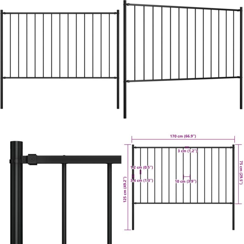 Panneau clôture et poteaux Acier enduit poudre 1,7x0,75 m Noir - Clôture De Jardin - Panneaux De Clôture - Clôture D'extérieur - Clôture En Métal