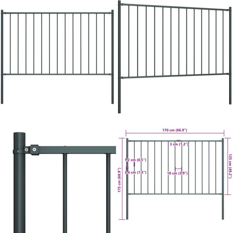 Vidaxl - Panneau clôture poteau Acier enduit poudre 1,7x1,25m Anthracite - Clôture Jardin - Panneaux De Clôture - Clôture D'extérieur - Clôture En