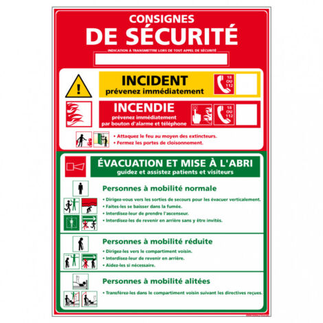 Panneau CONSIGNE DE SÉCURITÉ POUR LES HÔPITAUX à compléter – Aluminium 2 mm – 210 x 300 mm