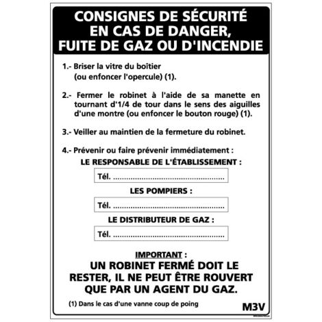 Panneau CONSIGNE EN CAS DE FUITE DE GAZ à compléter – Adhésif – 210 x 300 mm
