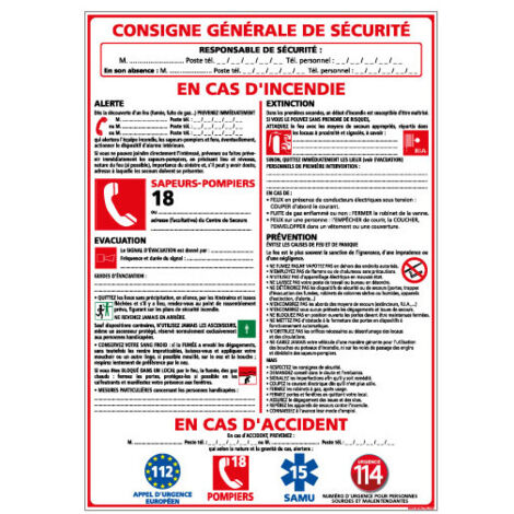 Panneau CONSIGNE GÉNÉRALE DE SÉCURITÉ à compléter – Adhésif – 300 x 420 mm