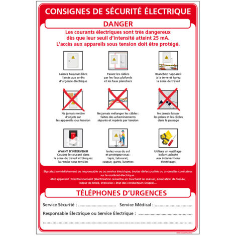 Panneau CONSIGNES DE SÉCURITÉ ÉLECTRIQUE (A0678) - Adhésif - 300 x 420 mm