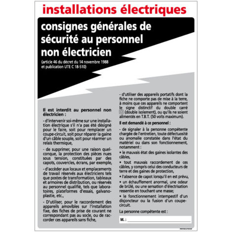 Panneau CONSIGNES DES INSTALLATIONS ÉLECTRIQUES à compléter – Adhésif – 210 x 300 mm