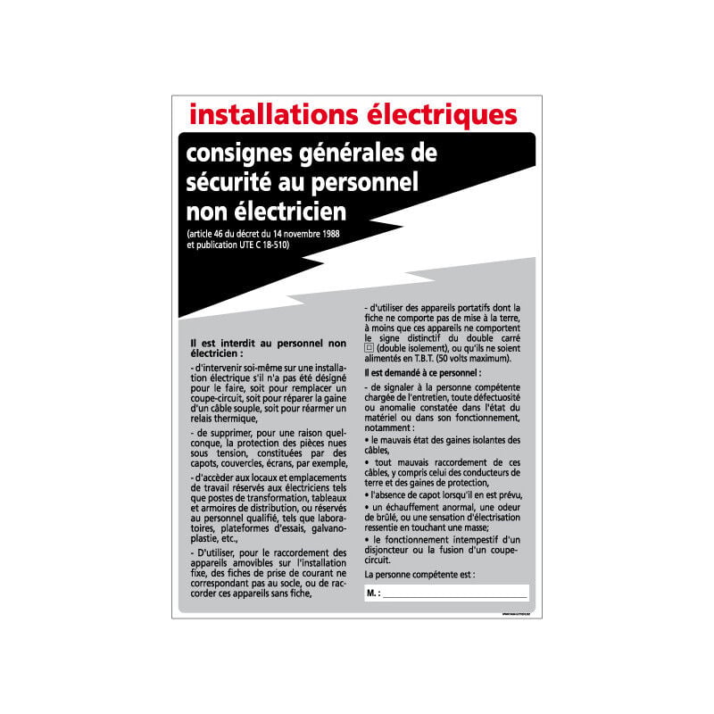 Panneau consignes des installations électriques à compléter – pvc 1,5 mm – 300 x 420 mm