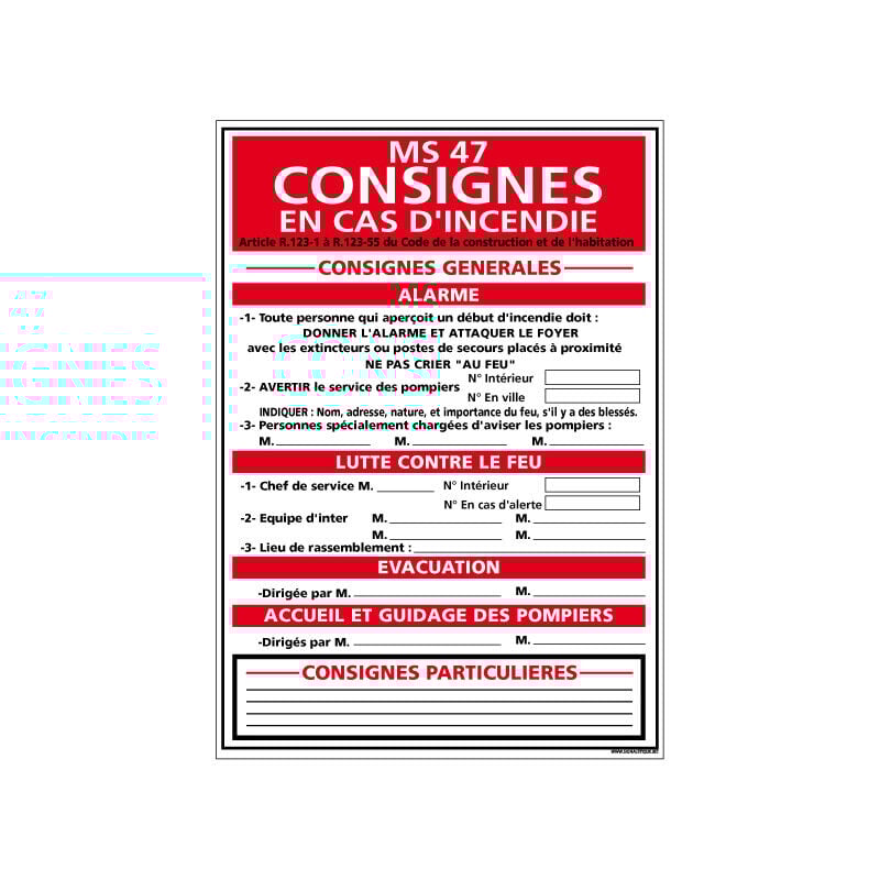 Panneau consignes en cas d'incendie (A0572) - Adhésif - 450 x 630 mm