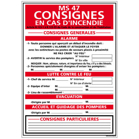 Panneau CONSIGNES EN CAS D'INCENDIE (A0572) - Plastique PVC 1,5 mm - 150 x 210 mm
