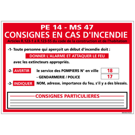 Panneau CONSIGNES EN CAS D'INCENDIE (A0574) - Plastique PVC 1,5 mm - 420 x 300 mm