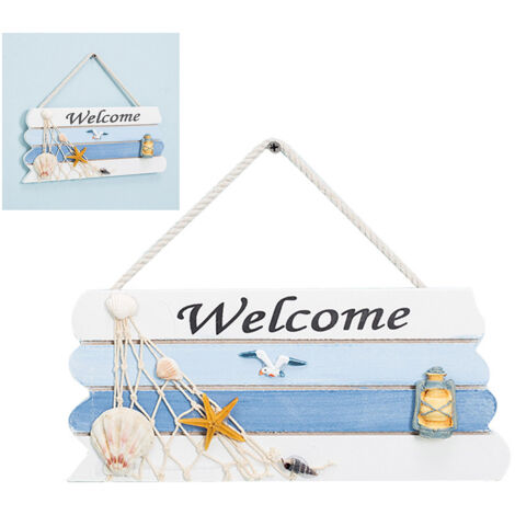 Panneau d'accueil nautique en bois style méditerranéen avec étoiles de mer et coquillages pour décoration de porte de bar, boutique ou maison