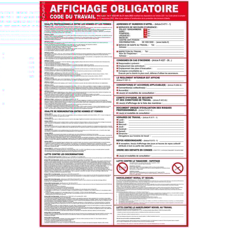 Novap - Panneau d'affichage obligatoire du code du travail 400x600mm - 4300832