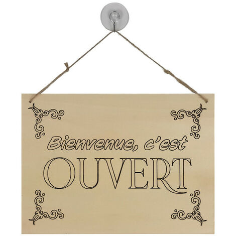 Panneau d'affichage 'Ouvert - Fermé' en bois brut A4 – Fixation ventouse et crochet – Installation rapide sur surfaces lisses