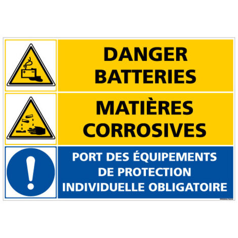 PANNEAU DANGER BATTERIES - MATIERES CORROSIVES (C1408) - Plastique PVC 1,5 mm - 420 x 300 mm