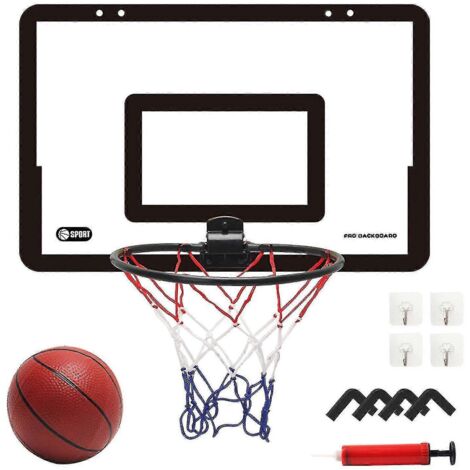 Panneau de basket-ball transparent à suspendre à une porte, sans perçage, avec 1 panier, 4 crochets et 1 ballon de basket-ball - Noir
