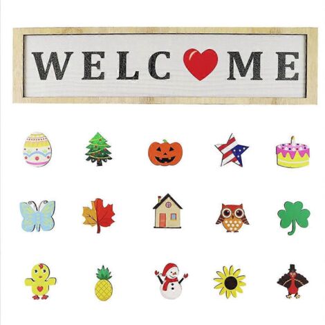 Panneau de bienvenue interchangeable pour porte d'entrée avec 15 icônes interchangeables, à suspendre au porche en bois rustique pour une décoration de maison de campagne pendant les fêtes.